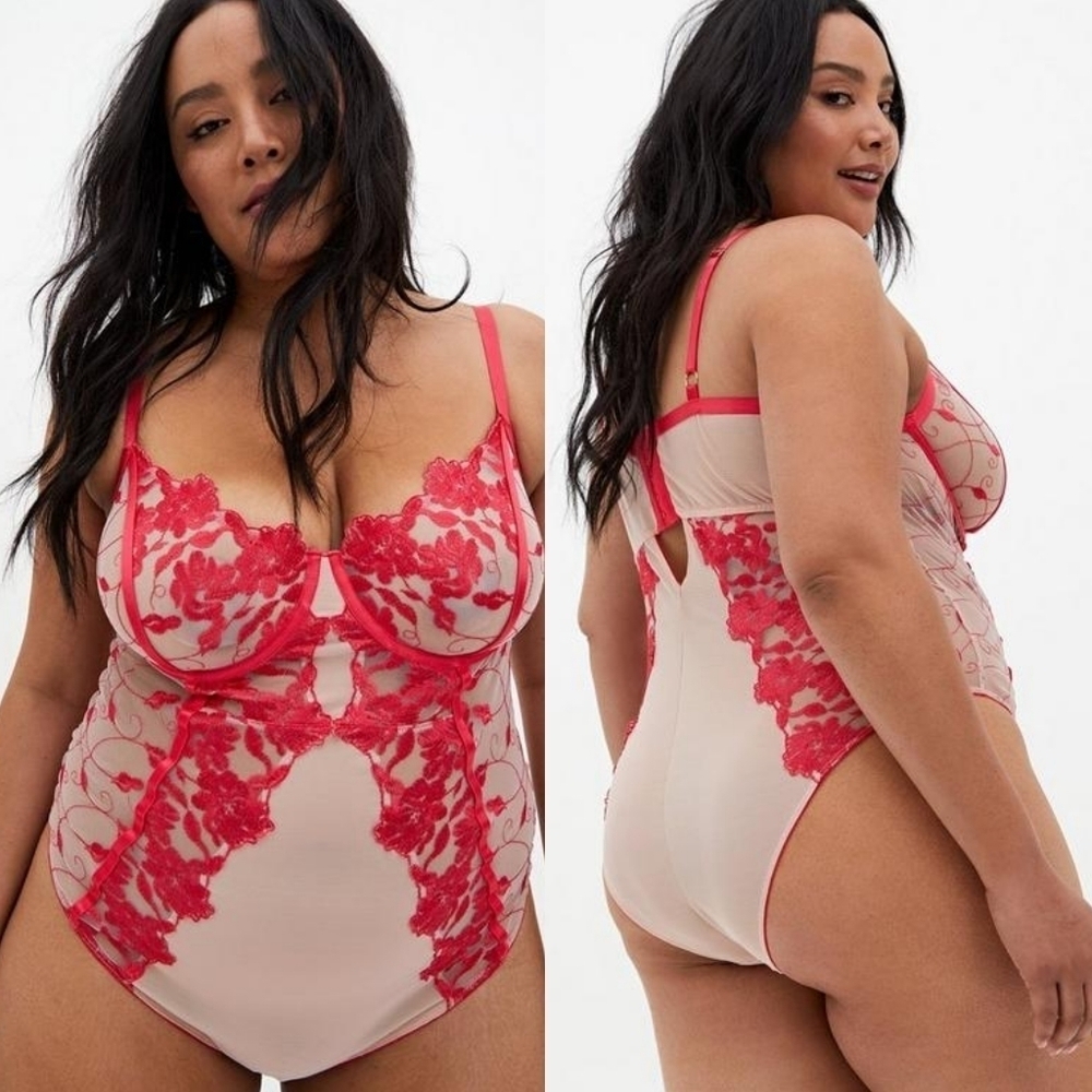 Torrid Two Tone Floral Embroidered Mesh Bodysuit Tea Berry Underwire Lingerie 1X